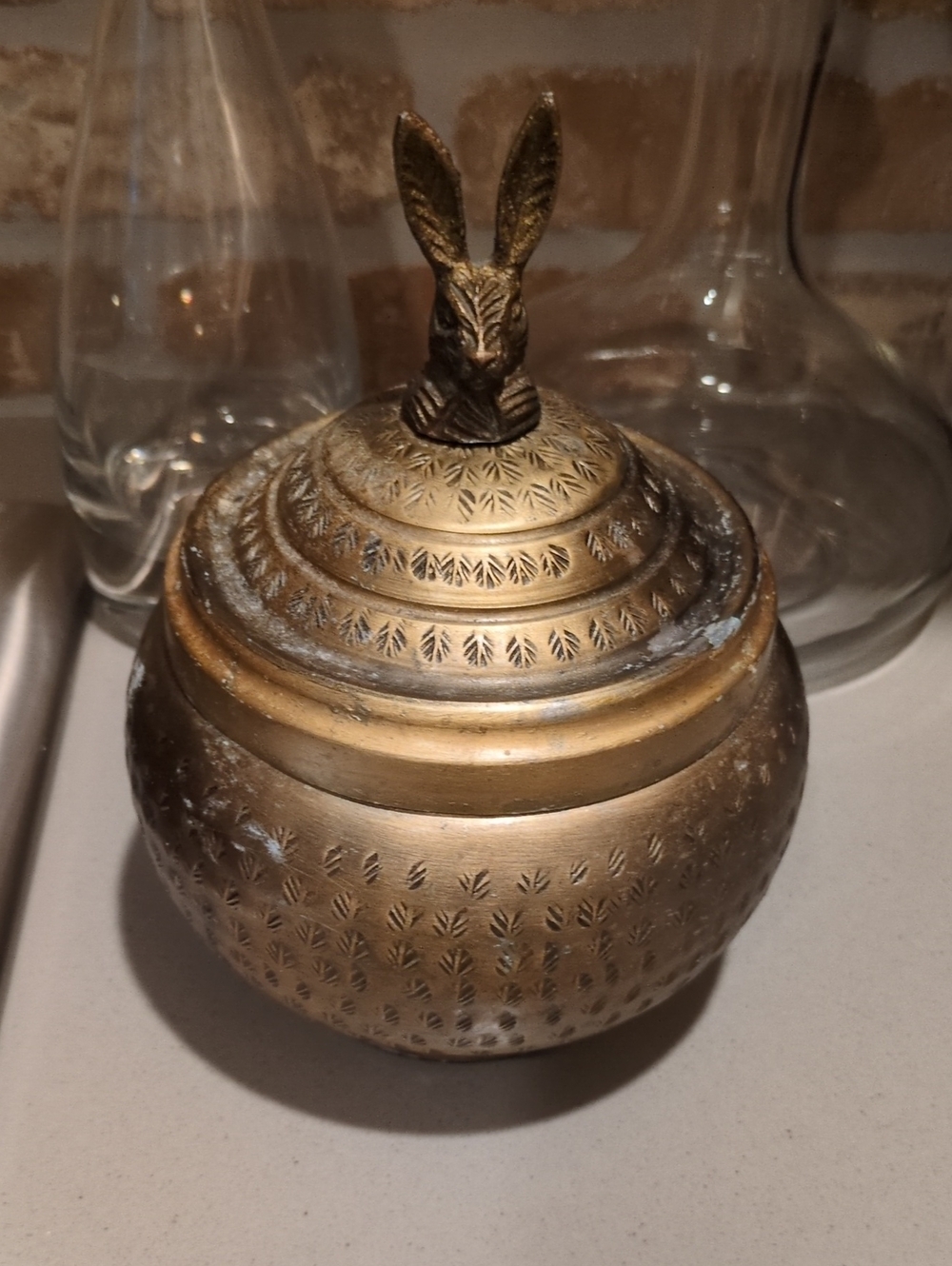 Hammered Brass Finish Decorative Bunny Lidded Container/Jar - Home Accent